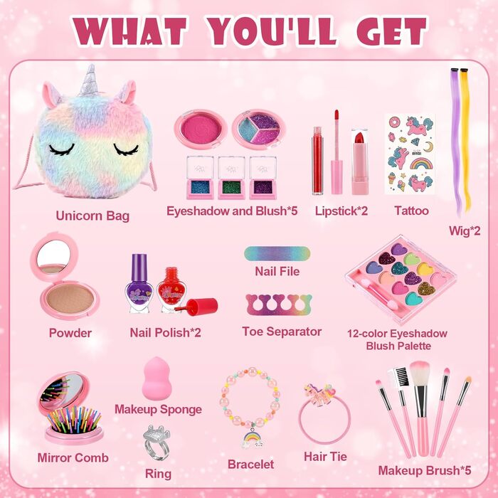 Дитячий набір для макіяжу Anpro для дівчаток, 41-предметний дитячий футляр для макіяжу, що миється, іграшка, дитячий набір для макіяжу для дівчаток, подарунки на Хелловін, Різдво, день народження, єдиноріг-4