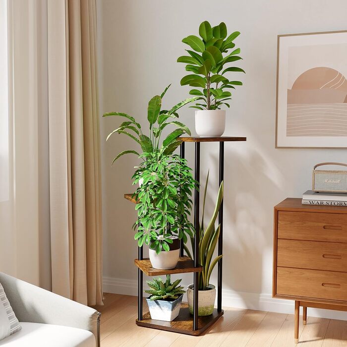 Підставка для рослин Bamworld, підставка для квітів, металева, чорна, полиця для рослин для приміщень/вулиці з 4 ярусами, кутова підставка для квітів для тераси, саду, балкону, вітальні, спальні (коричнева) 4-ярусна, рустикальний коричневий