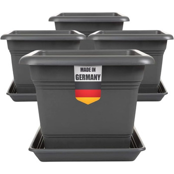 Набір з 4 великих квіткових горщиків з блюдцями, квадрат 28x28 см, 16 літрів, великі кашпо для вулиці, горщики для помідорів, квіткові горщики, горщики для рослин, Зроблено в Німеччині, Антрацит