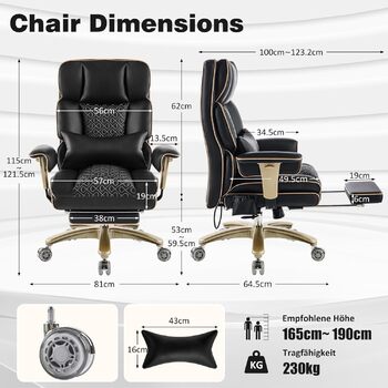 Ергономічне офісне поворотне крісло Hellove з пневматичною поперековою опорою, стілець зі штучної шкіри з підставкою для ніг, функцією нахилу та повороту, шумопоглинаючі колеса, чорний колір