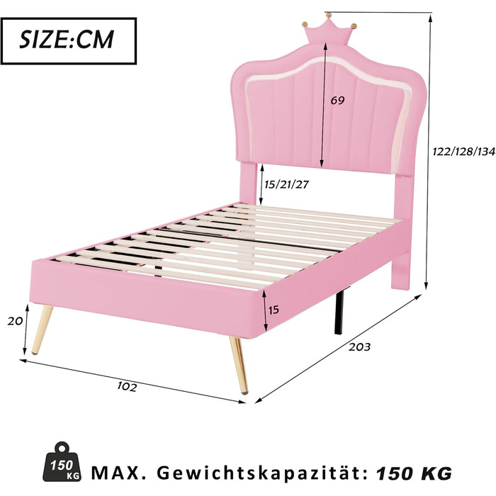 Дитяче ліжко FEZTOY м'яке ліжко 90x200, каркас ліжка для дівчаток, з регульованим узголів'ям, корончатий двоспальний каркас ліжка