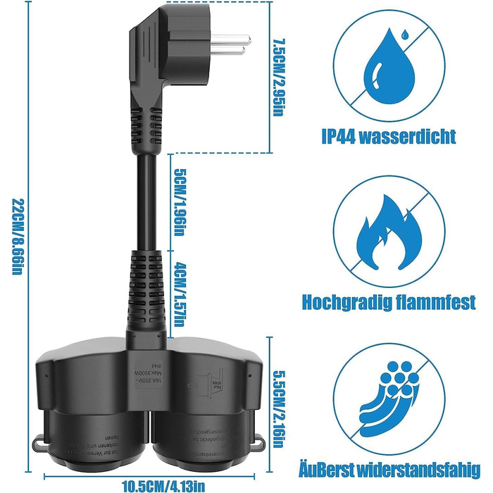 Подвійна вилка HITRENDS для розетки, подовжувач Зовнішній захисний контакт з 2 розетками змінного струму, 2-смуговий розподільний розгалужувач Schuko 5 см, короткий кабель, IP44 водонепроникний, 3 * 1,5 мм, 16A/250V, чорний 2 способи чорний