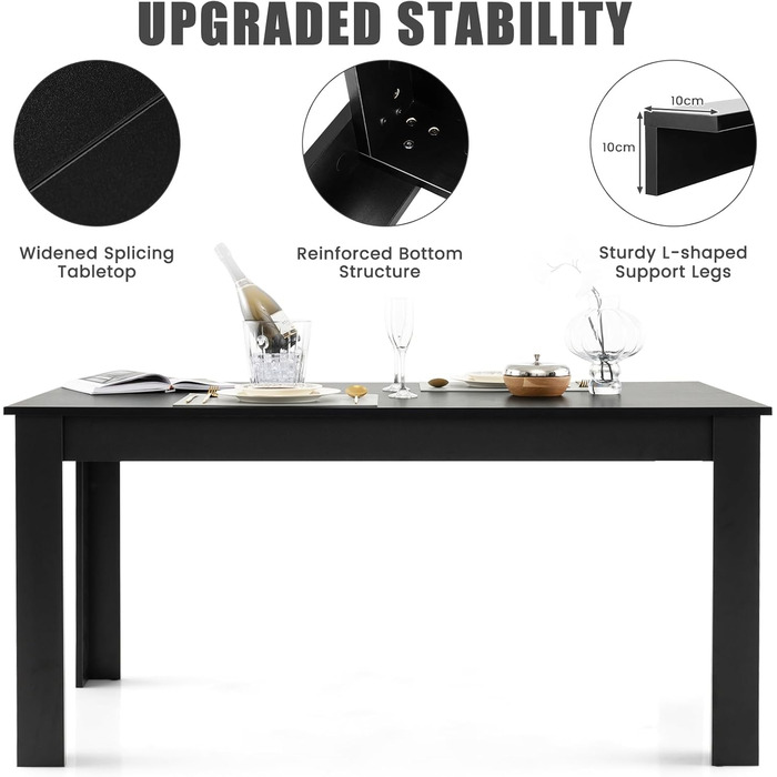 Обідній стіл LIFEZEAL 160 x 80 x 77 см, кухонний стіл для 6-8 осіб, великий обідній стіл, стіл для конференцій, стіл для бістро з вантажопідйомністю 150 кг, легко збирається (чорний)