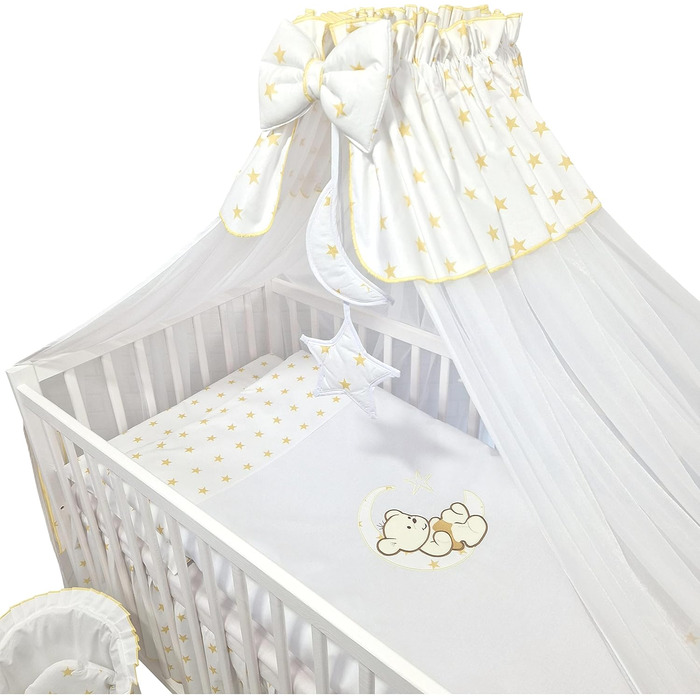 Предметний комплект дитячого ліжечка/колиски та постільної білизни Happy Leo, включаючи матрац з регульованою висотою для новонароджених, немовлят та малюків, з вишивкою (ведмедик, місяць, золоті зірки), 13-