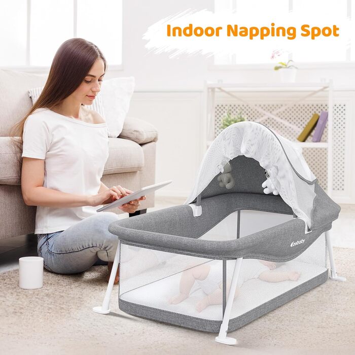 Дорожнє ліжечко Ezebaby, маленьке складне дитяче ліжечко з сумкою для зберігання, москітною сіткою та іграшками, підходить для дітей 0-5 місяців (сіре)