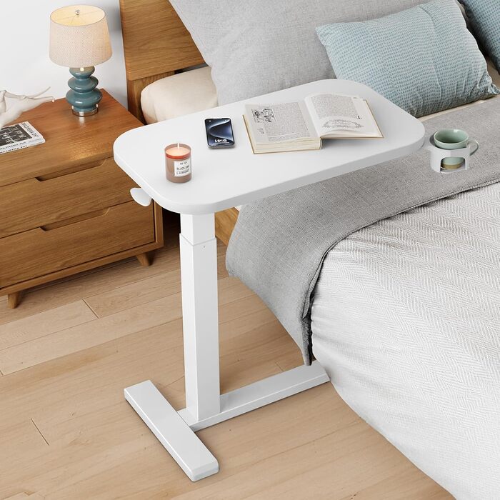 Журнальний столик HUANUO з колесами, регульований по висоті бічний столик зі стільницею 70 x 40 см, мобільний пневматичний невеликий столик для ноутбука з підставкою для чашок для домашнього офісу, білий 70 x 40 см