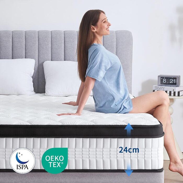 Матрац 180x200 см, висота 24 см, середньої жорсткості (H3/H4), ортопедичний 7-зонний пружинний матрац 180x200 з комфортною піною, сертифікований Oeko-Tex, 480 пружин кишенькового типу на 2 м, 180x200x24 см
