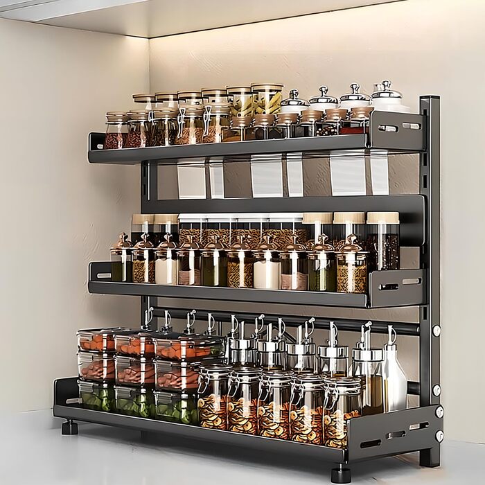 Стійка для спецій Devesanter, стояча, 3 яруси, велика місткість для зберігання, кухонна полиця, регульована по висоті металева підставка для спецій, кухонна полиця, стояча для зберігання на стільниці, чорна