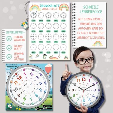 Настінний годинник Bada Bing Montessori для дітей - навчальний годинник без звуків цокання - аналоговий дитячий годинник для вивче