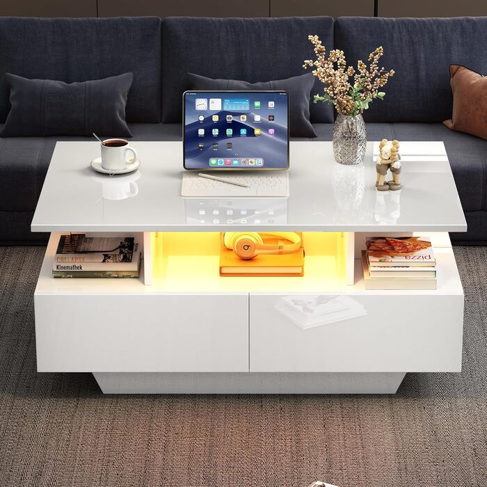 Журнальний столик Merax глянцевого білого кольору, стіл для вітальні зі світлодіодним підсвічуванням, журнальний столик з 2 шухлядами, відкриті відділення, стильний столик для дивана, бічний столик, чайний столик, елегантний прямокутний центральний столик