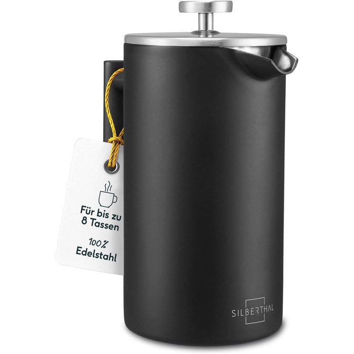 Френч-прес SILBERTHAL Thermo 1 літр - Кавоварка з нержавіючої сталі - Ізольований кавоварський прес з подвійними стінками - ідеально підходить для кемпінгу, чорний