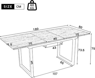 Розсувний обідній стіл Merax з металевими ніжками, прямокутний кухонний стіл для вітальні та їдальні, білий 140/180 x 80 x 75 см (розкладний) білий