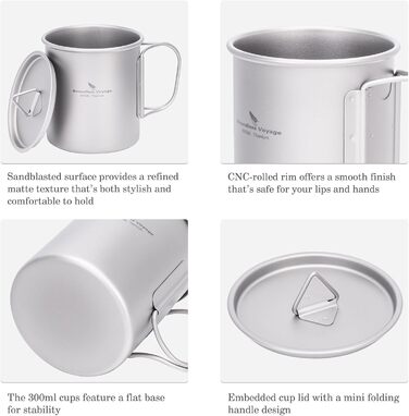 Титанова кружка Boundless Voyage з кришкою, для використання на свіжому повітрі, легка, для походів, подорожей з рюкзаком, кемпінгу (300 мл - сіра)