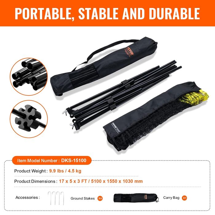 Бадмінтонна сітка VEVOR, регульована по висоті волейбольна сітка, складна сітка для піклболу 510 x 155 x 103 см, портативна, легко збирається тенісна сітка зі штангами, підставкою та сумкою для перенесення