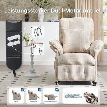 Моторне електричне крісло-реклайнер, крісло для телевізора з функцією відкидання, крісло для телевізора у вітальні з колесами, регульована спинка та підставка для ніг, 2 бічні кишені, вельветовий диван, бежевий, 2-