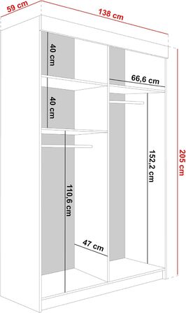 Шафа-купе з дзеркалом - Шафа для спальні - Шафа для спальні - Шафа - Шафи - Шафи - 138x205x59 - Чорний