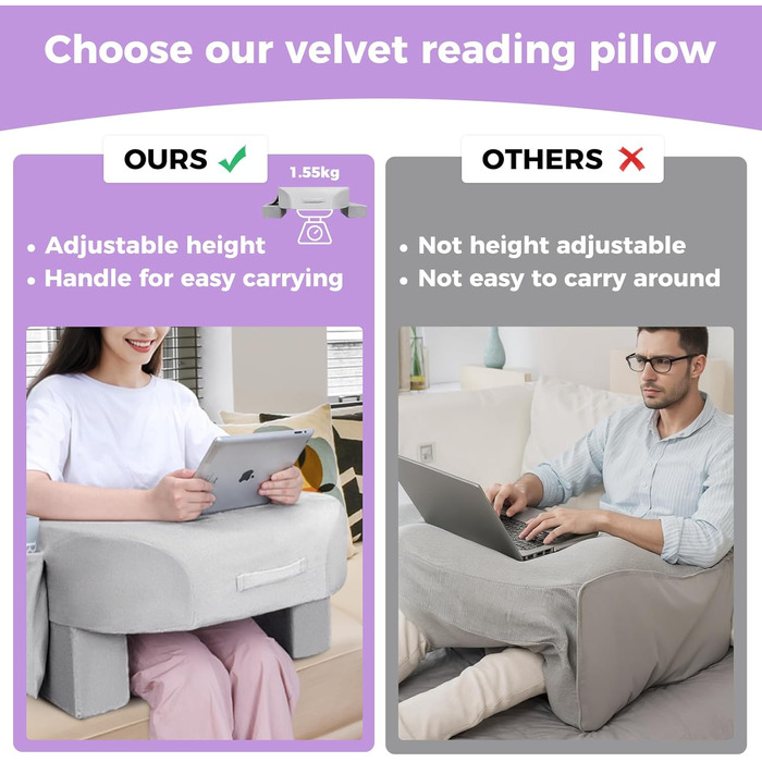Подушка для читання Babenest для колін, підлокітник, ігрова подушка для роботи, регульована по висоті подушка для колін для дорослих, для сидіння в ліжку, дивані, підлозі (плюшево-сірий)