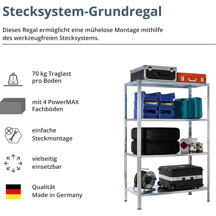 Система стелажів SCHULTE з 4 полицями PowerMAX, вантажопідйомність 70 кг, 200x100x50 см (ВxШxГ), оцинкована (полиця для зберігання, полиця для майстерні, полиця для підвалу, полиця для гаража, металева полиця)