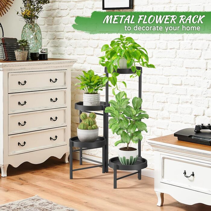 Підставка для рослин, металева підставка для квіткових горщиків з 4 ярусами, багаторівнева полиця для рослин, стійка для квітів, драбина для рослин для кута кімнати, вітальні, балкону, тераси, двору (4-ярусна, чорна)
