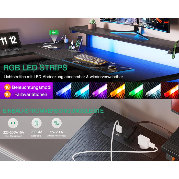 Письмовий стіл ODK з шухлядами, 135110 см, двосторонній кутовий стіл з 2 розетками та 2 портами USB для зарядки, L-подібний офісний стіл зі світлодіодним освітленням для домашнього офісу, чорний 135110 см