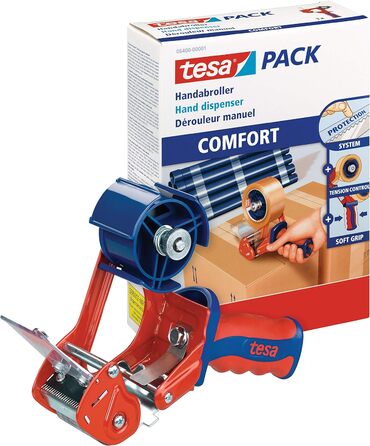 Ручний диспенсер для пакувальної стрічки tesa, модель Comfort для рулонів до 66 м x 50 мм (максі-пакет з 12 рулонами пакувальної стрічки, прозорий) Максі-комплект з пакувальним скотчем, tr (Комплект з пакувальним скотчем)