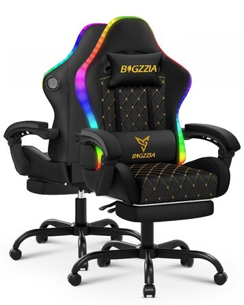 Ігрове крісло з RGB LED та Bluetooth-динаміком, ергономічне ігрове крісло з підставкою для ніг, підголівником, поперековою опорою, кутом нахилу 90135, ПК-крісло для підлітків та дорослих (чорне) Чорний колір зі світлодіодним підсвічуванням та Bluetooth