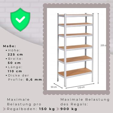 Металевий стелаж SPRINGOS, гаражний стелаж, підвальний стелаж, 110 x 225 x 50 см, 6 полиць, 50 x 110 x 225 см, сріблястий
