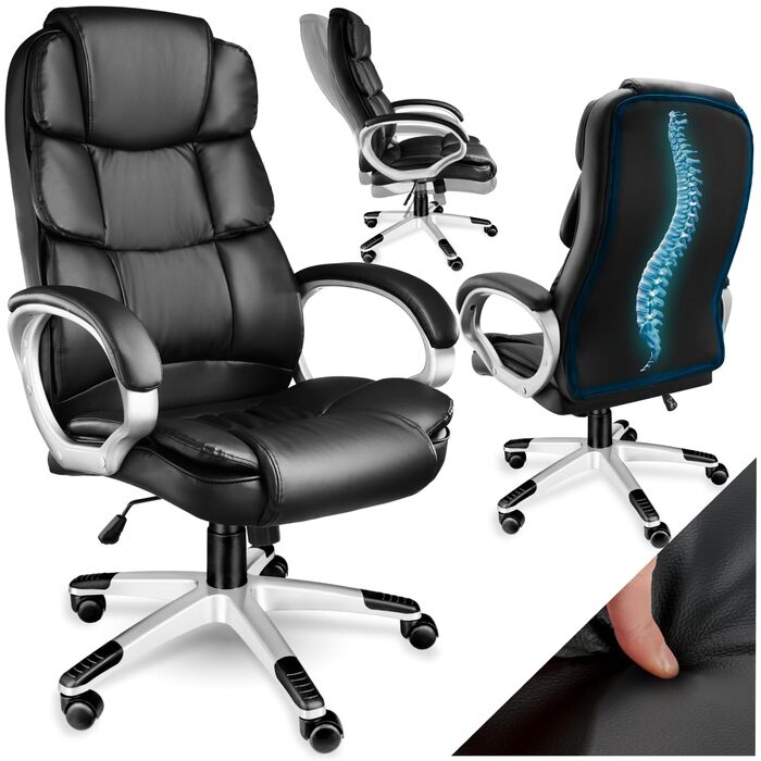 Крісло керівника tectake, офісне крісло з підкладкою 12 см, робоче крісло з підлокітниками та функцією гойдання, ергономічне офісне крісло, регульоване по висоті, ПК-крісло, обертове крісло з колесами, під шкіру - чорне