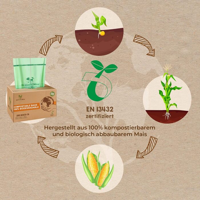 Біорозкладні пакети для сміття, 2/3 літра, 250 шт. - 26 x 29 см - 100 компостовані пакети для сміття - Вкл. диспенсер - Подарункові пакети для сміття