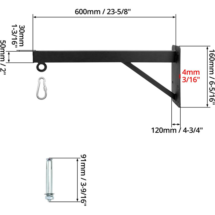 Настінний кронштейн для боксерської груші в комплекті з кріпильними гвинтами - міцна сталь - 60 см - вантажопідйомність 150 кг