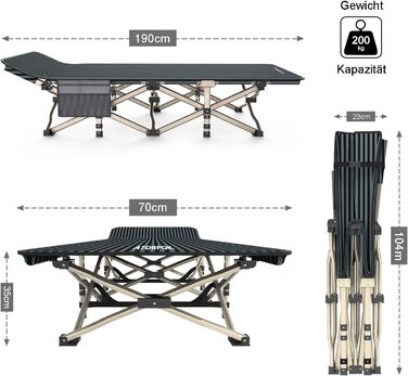Розкладне ліжко для кемпінгу, розкладне гостьове ліжко до 200 кг, надзвичайно широке розкладне ліжко для використання на свіжому повітрі, в саду та в приміщенні