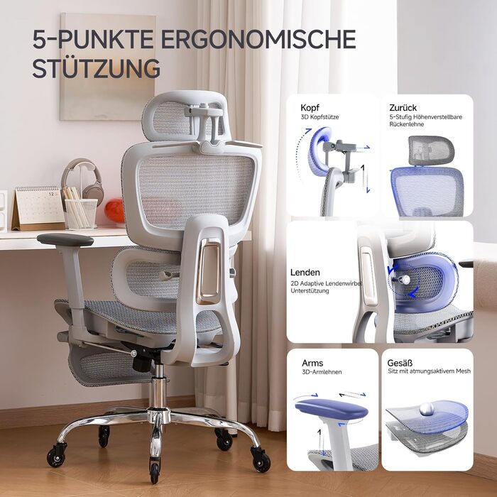 Ергономічне офісне крісло з підставкою для ніг та подушкою для шиї, 5-позиційне регулювання висоти спинки, 2D-підтримка попереку, 3D-підлокітники/підголівник, функція нахилу 145, сітчасте сидіння, гумові колеса, сірий колір.