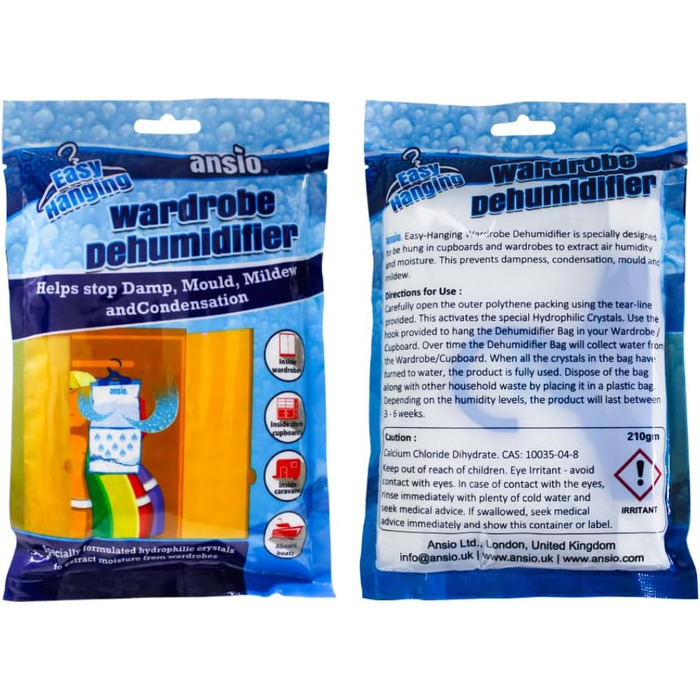 Осушувач повітря для гардеробу ANSIO, підвісні сумки, 6 шт. , пастка, осушувач конденсату для вологи, цвілі, спальні, каравана, ванної кімнати, підвалу, офісу 210 г кожен, упаковка з 6 шт.