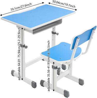 Дитячий комплект письмового столу зі стільцем, дитячий стіл та стілець з регульованою висотою, дитячий стіл для хлопчиків та дівчаток, молодіжний стіл (синій, білий)