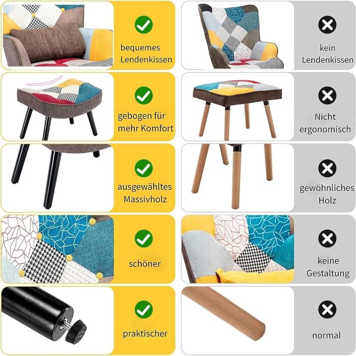 Крісло для відпочинку HomeMiYN з пуфом для ніг, крісло у стилі печворк, крісло з відкидною спинкою, дерев&39яне крісло для вітальні, сучасне крісло для телевізора, крісло для відпочинку, лляне крісло у стилі печворк, ніжки з масиву дерева, коричневий колі