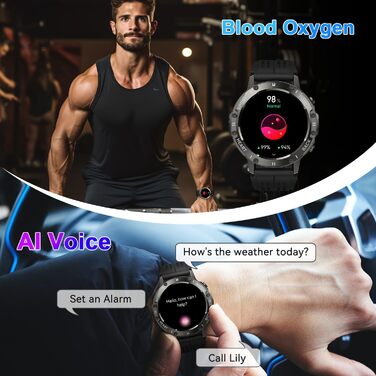 Військовий смарт-годинник для чоловіків з функцією телефону водонепроникний фітнес-трекер, смарт-годинник з Bluetooth-дзвінками та серцевим ритмом, монітором сну, крокоміром, спортивним годинником, Android/iOS, чорним