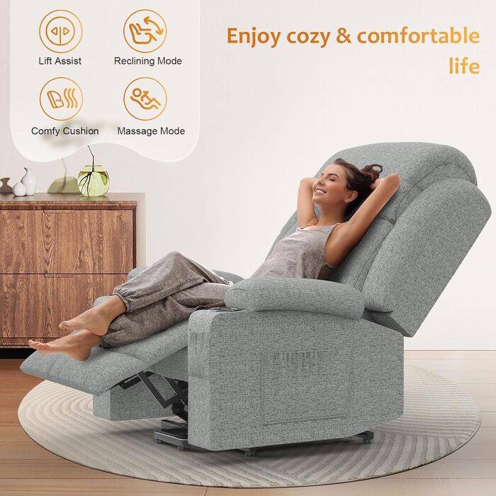 Електричне регульоване крісло-реклайнер з функцією підйому та масажу, підходить для людей похилого віку, 2 бічні кишені та підстаканники, порт USB Type-C