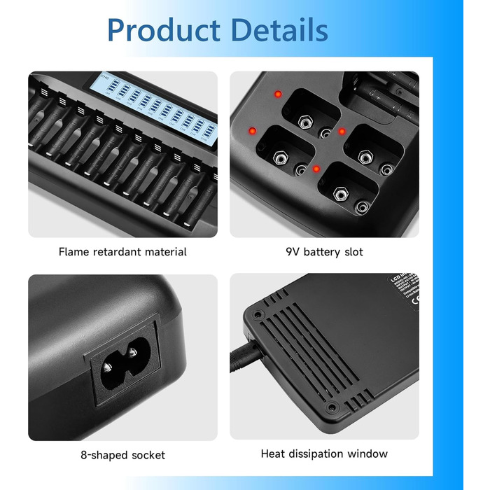 Зарядний пристрій CITYORK з 104 слотами та РК-дисплеєм для акумуляторних батарей 1,2 В AA/AAA Ni-MH та акумуляторних батарей 9 В Ni-MH/Li-ion з вбудованим захистом IC