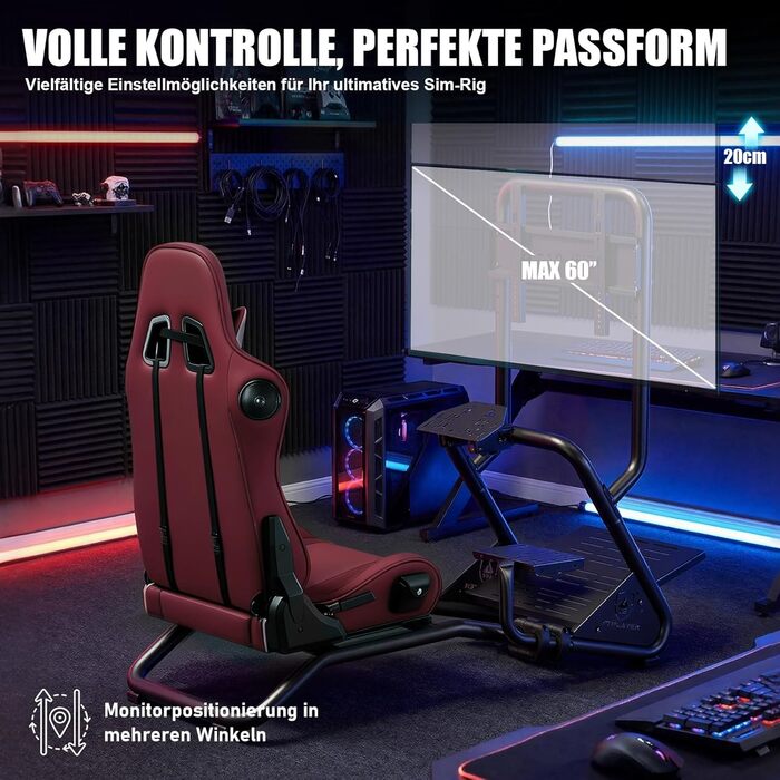 Підставка для керма гоночного симулятора з 3D стереодинаміками, кріпленням для монітора, регульованим кріпленням керма, кріпленням для важеля перемикання передач та педалями (бордовий)