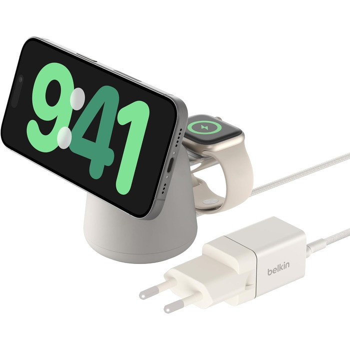 Бездротова зарядна станція Belkin BoostCharge Pro 2-в-1 з MagSafe (15 Вт), зарядний пристрій MagSafe, сумісний з iPhone серій 16,