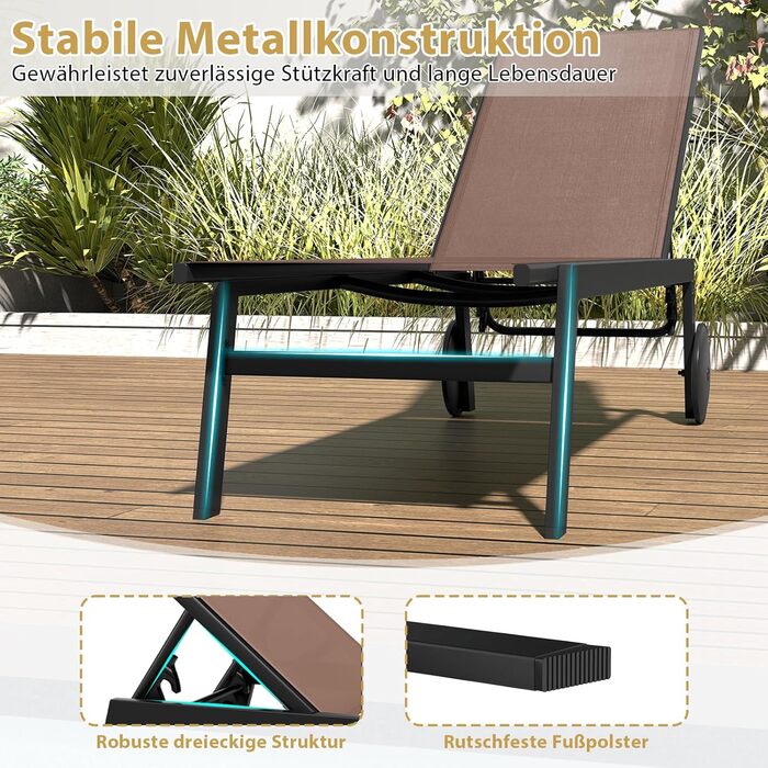 Комплект із 2 предметів Шезлонг на колесах, Садовий шезлонг з регульованою спинкою та швидковисихаючою тканиною, Шезлонг на колесах витримує до 150 кг, Шезлонг для саду, балкону, тераси (коричневий) 2 коричневих