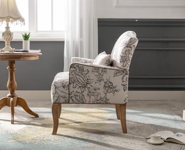 Вінтажне крісло з підлокітниками, м&39яке крісло з дерев&39яними ніжками та квітковим візерунком, одномісний диван, акцентне крісло з подушками для вітальні/спальні, бежевий