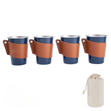 Набір з 4 кавових чашок з нержавіючої сталі 304 для зовнішнього використання об&39ємом 350 мл, зі шкіряним тримачем