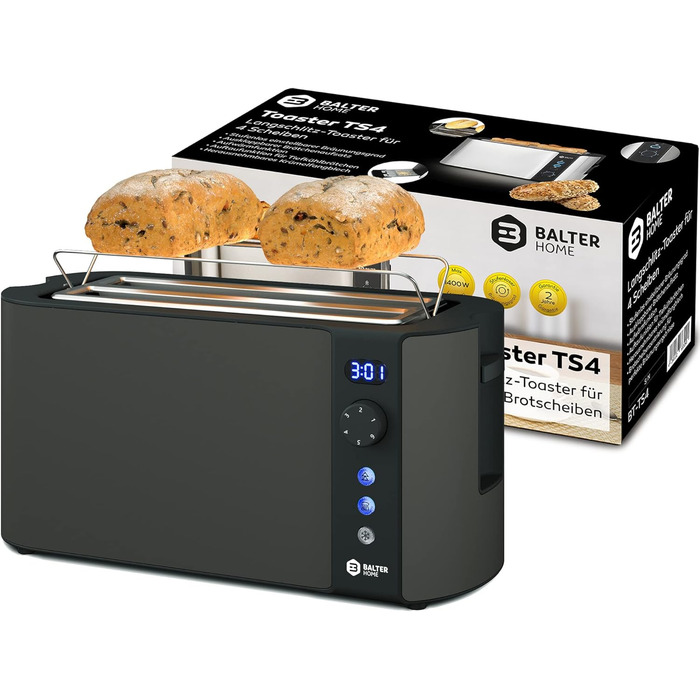 Тостер Balter на 4 скибочки, довгий лоток, нержавіюча сталь, насадка для хліба, РК-дисплей з індикатором часу, що залишився, функц