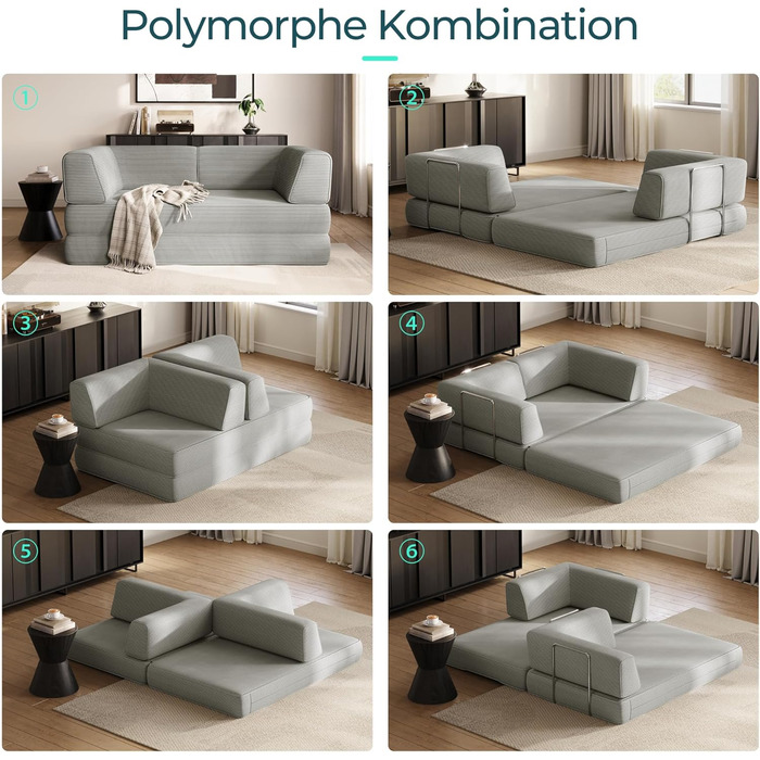 Розкладний диван LINSY HOME - Розкладний диван-ліжко з підлокітником та подушкою для спини - Розкладний диван-ліжко, ширина 160 см - Стиснутий диван у коробці - Вельветова тканина для вітальні, спальні, сірий колір, ширина 1,6 м