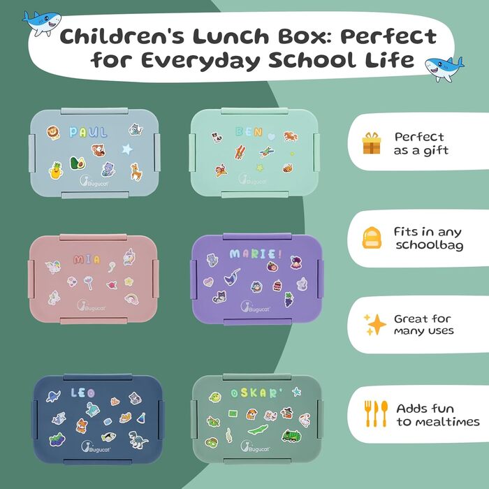 Ланчбокс дитячий Bugucat з роздільниками 1300 мл 16 наклейок, герметичний, з набором столових приборів, для дітей та дорослих, темно-зелений