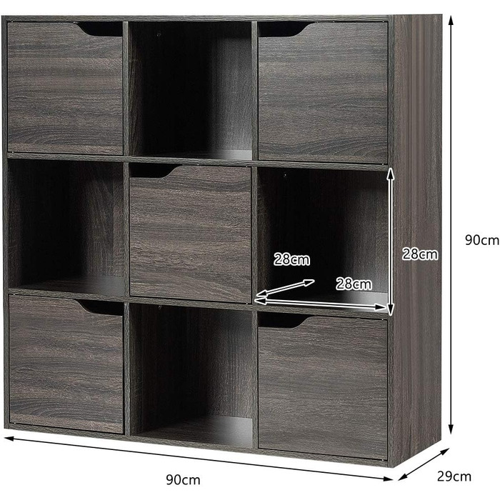 Книжкова шафа COSTWAY з 5 дверцятами та 9 відділеннями, окремостояча полиця, офісна полиця, полиця для зберігання речей для вітальні, спальні, 90 x 29 x 90 см, сірий