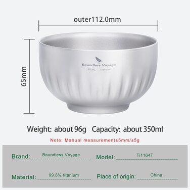 Мл титанова чаша з подвійними стінками, вівсянка, рисовий суп, надлегка портативна чаша для кемпінгу на свіжому повітрі, металева чаша Ti1164T 350 мл Ti1164t, 350