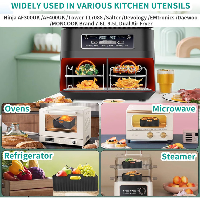 Аксесуари для фритюрниці, силіконові вкладиші для фритюрниці Ninja AF400EU AF300EU AF451EU AF500EU Tower T17088 7.6L-9.5L, 10 шт. Аксесуари для подвійної аерофритюрниці включають буклет посібника з кулінарії, чорний