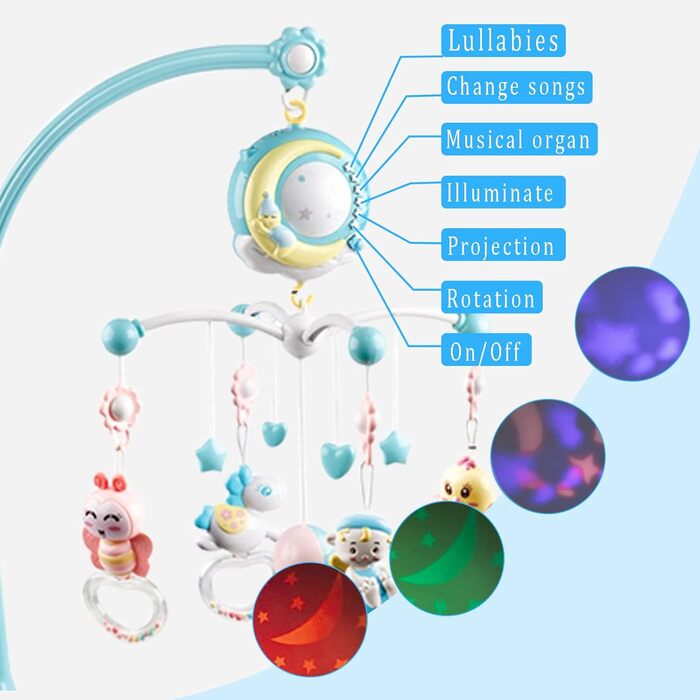 Мобільне дитяче ліжко, що обертається на 360, з музичним світловим проектором і музичною скринькою з пультом дистанційного керування Baby, підвісне мобільне ліжечко, дитячі іграшки 0-6 місяців